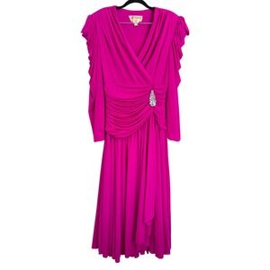 Retro Fuchsia Stretch Long Sleeve Formal Party Dress Adina J Ruched Draped Midi